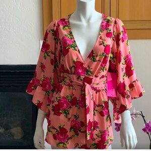 Betsey Johnson pink floral boho top L